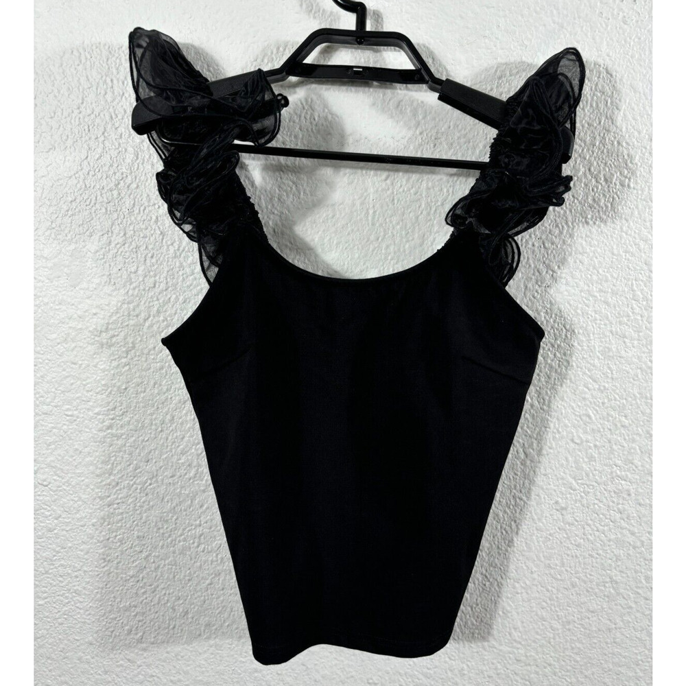 Flat White Tank Top Womens XS‎ Black Ruffled Straps Rayon Blend